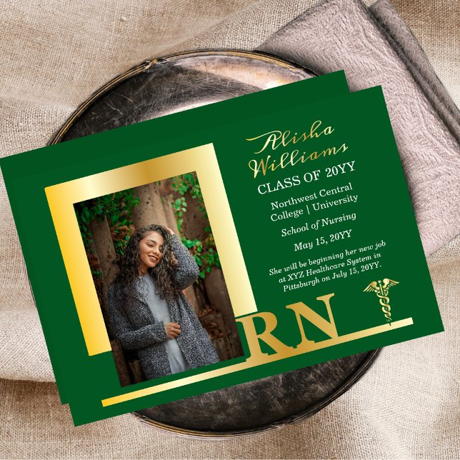 Elegant Nurse RN Caduceus Photo Graduate Green (Elegant Nurse "RN" Caduceus One Photo Graduation Announcement Gold Foil Invitation)