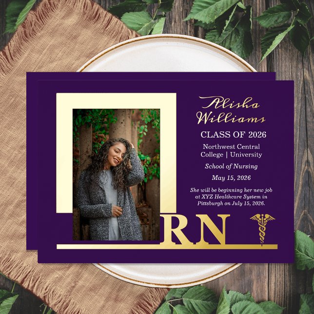 Elegant Nurse RN Caduceus Photo Graduate Purple (Elegant Unique Nurse RN Caduceus Photo Graduate Gold Foil Invitation)