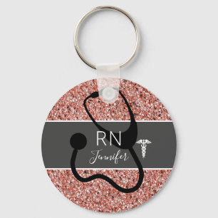 Elegant Nurse RN Caduceus Rose Gold Personalised Key Ring