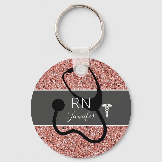 Elegant Nurse RN Caduceus Rose Gold Personalised Key Ring (Front)