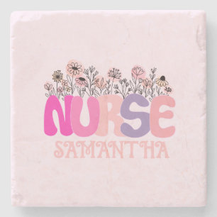 Elegant "Nurse" Typography with Vibrant Floral Stone Coaster