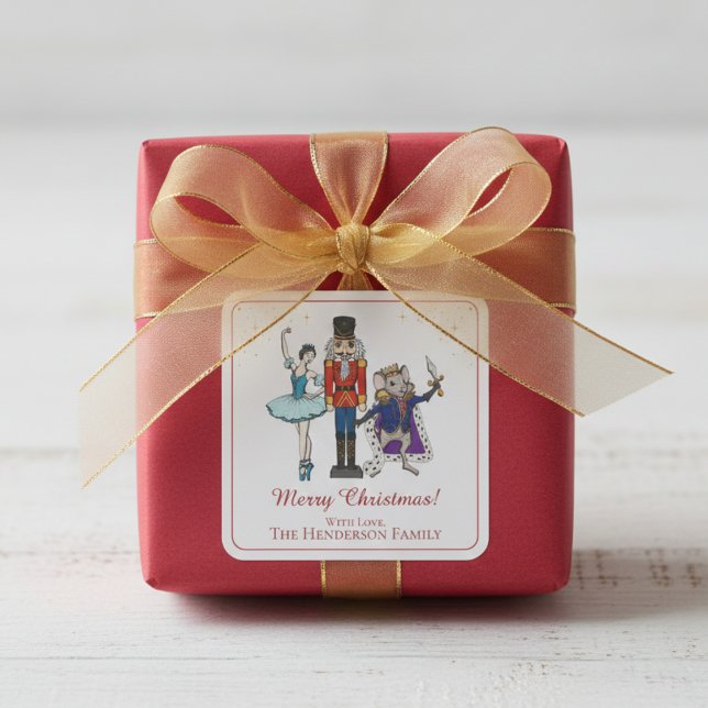 Elegant Nutcracker Merry Christmas  Square Sticker (Festive Nutcracker Ballet Merry Christmas Sticker. Elegant Red Script. Cute Nutcracker & Ballerina)