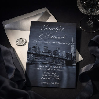 Elegant NYC Skyline at Night Wedding Invitation