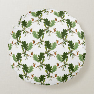 Elegant Oak Leaf and Acorn Round Cushion