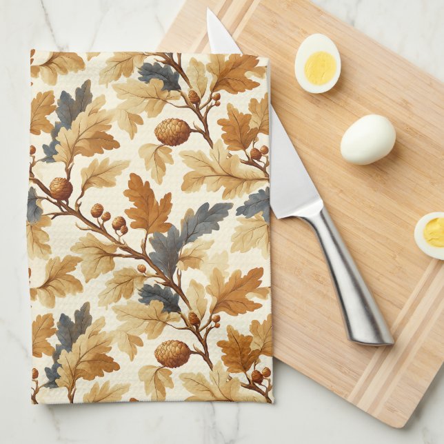 Elegant Oak Leaf & Pinecone Fall Pattern Tea Towel (Quarter Fold)
