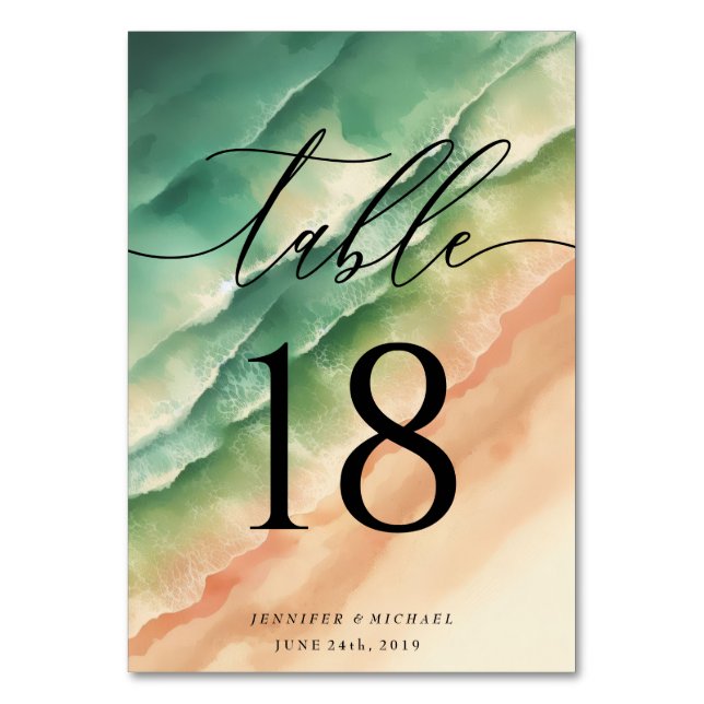 Elegant Ocean Beach Summer Watercolor Table Script Table Number (Front)