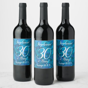 Elegant Ocean Blue 30 and Flirty Birthday Wine Label