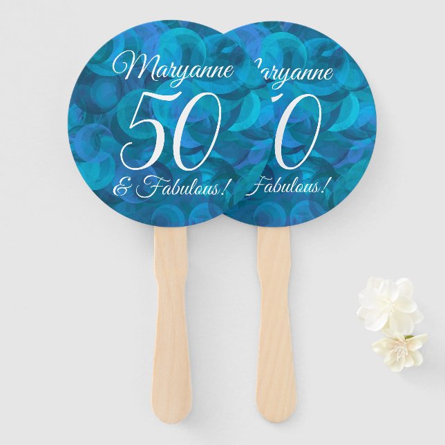 Elegant Ocean Blue 50 and Fabulous Birthday Party Hand Fan (Front and Back)