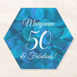 Elegant Ocean Blue 50 and Fabulous Birthday Party Paper Coaster