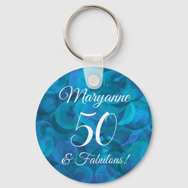 Elegant Ocean Blue 50 & Fabulous Birthday Party Key Ring (Front)