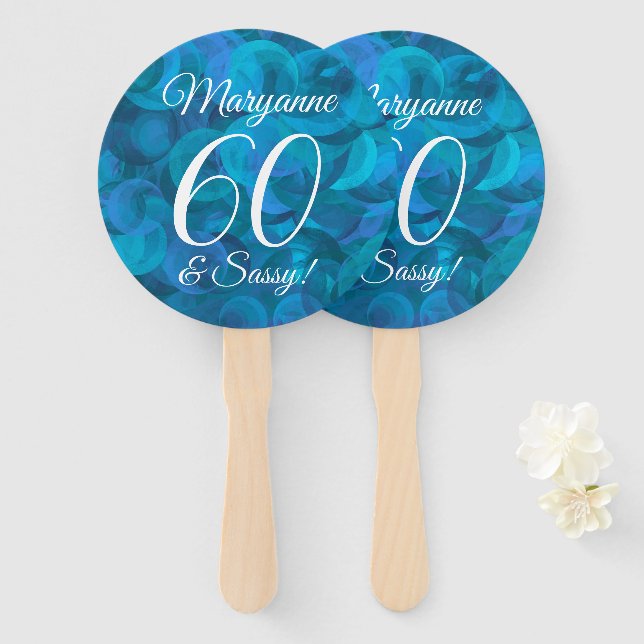 Elegant Ocean Blue 60 and Sassy Birthday Party Hand Fan (Front and Back)