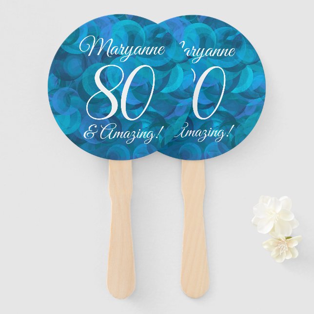 Elegant Ocean Blue 80 and Amazing Birthday Party Hand Fan (Front and Back)