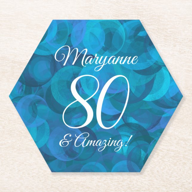 Elegant Ocean Blue 80 and Amazing Birthday Party Paper Coaster (Front)