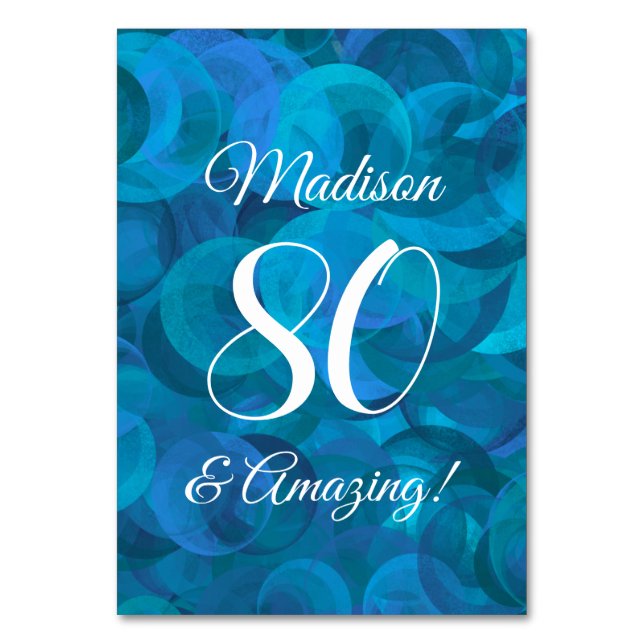 Elegant Ocean Blue 80 and Amazing Birthday Party Table Number (Front)