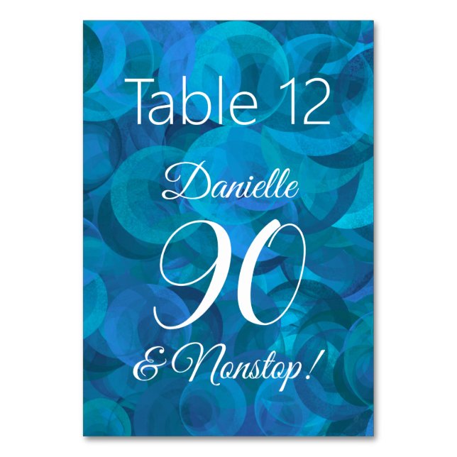 Elegant Ocean Blue 90 and Nonstop Birthday Party Table Number (Front)