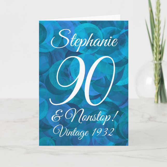 Elegant Ocean Blue 90 & Nonstop Birthday Card (Front)