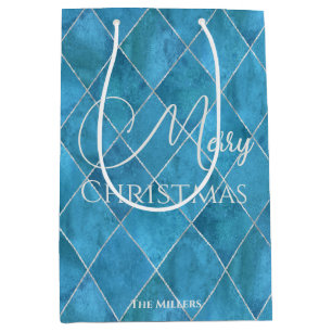Elegant Ocean Blue Argyle Pattern Merry Christmas Medium Gift Bag