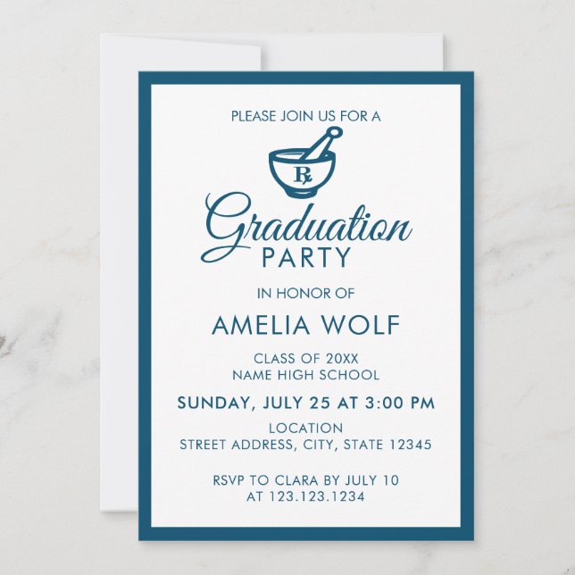 Elegant Ocean Blue Pharmacist Graduation Party Invitation (Front)