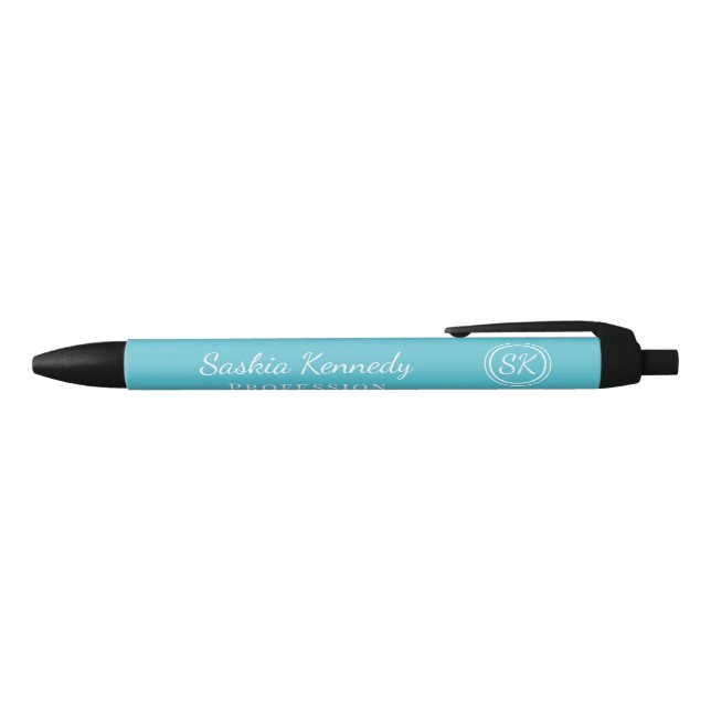 Elegant Ocean Blue Professional Monogram Business Black Ink Pen (Top)