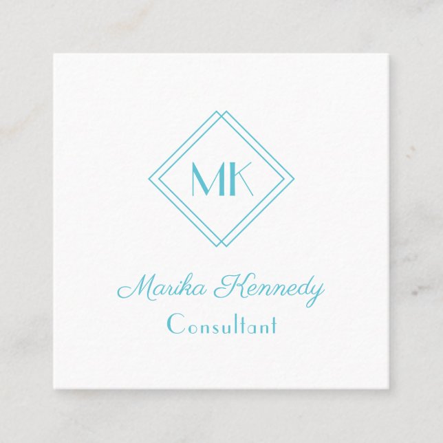 Elegant Ocean Blue Script Monogram Square Business Card (Front)