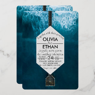 Elegant ocean blue waves Wedding Foil Invitation
