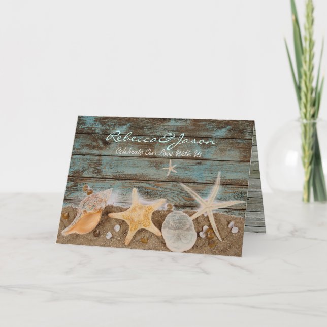 elegant ocean cottage seashells beach wedding holiday card (Front)