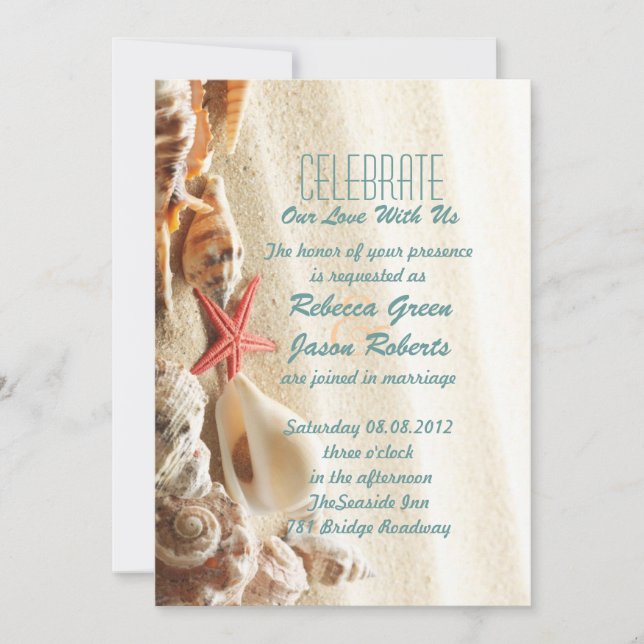 elegant ocean sand seashells beach wedding invitation (Front)