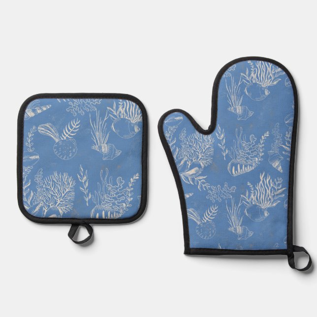 Elegant oceane blue toile oven mitt & pot holder set (Front)