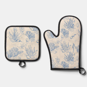 Elegant oceane blue toile oven mitt & pot holder set