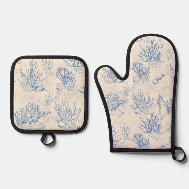 Elegant oceane blue toile oven mitt & pot holder set (Front)