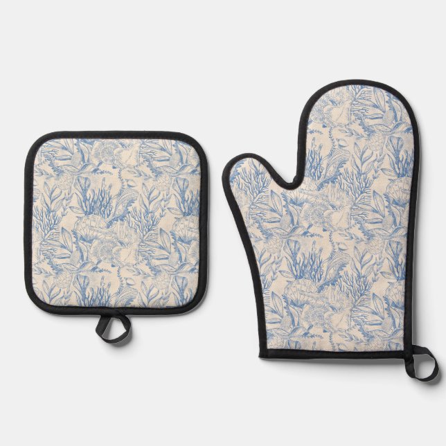 Elegant oceane blue toile oven mitt & pot holder set (Front)