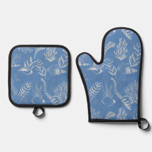 Elegant oceane blue toile oven mitt & pot holder set