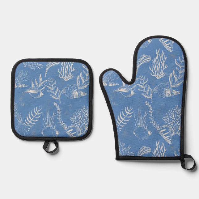 Elegant oceane blue toile oven mitt & pot holder set (Front)