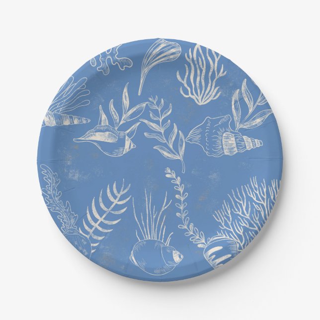 Elegant oceane blue toile paper plate (Front)