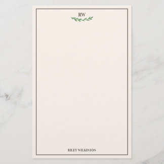 Elegant Off White Brown Green Greenery Monogram Stationery