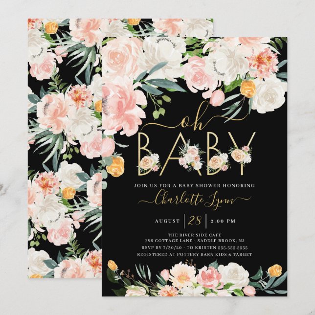 Elegant Oh Baby Blush Pink Gold Floral Baby Shower Invitation (Front/Back)