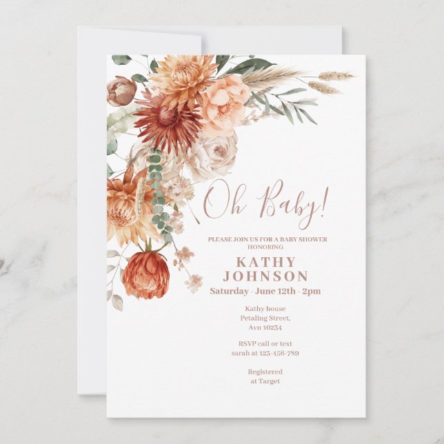 Elegant Oh Baby Boho Terracota Floral Baby Shower Invitation (Front)