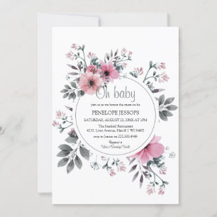 Elegant 'Oh Baby' Pink & Grey Floral Baby Shower Invitation