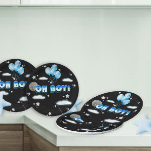 Elegant Oh Boy Blue Balloons Galaxy Baby Shower Paper Plate