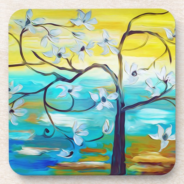 Elegant Oil Painting of a White Flowering Tree Coaster (Front)