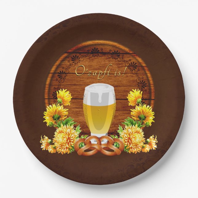 Elegant Oktoberfest Beer, Keg, Chrysanthemums Paper Plate (Front)