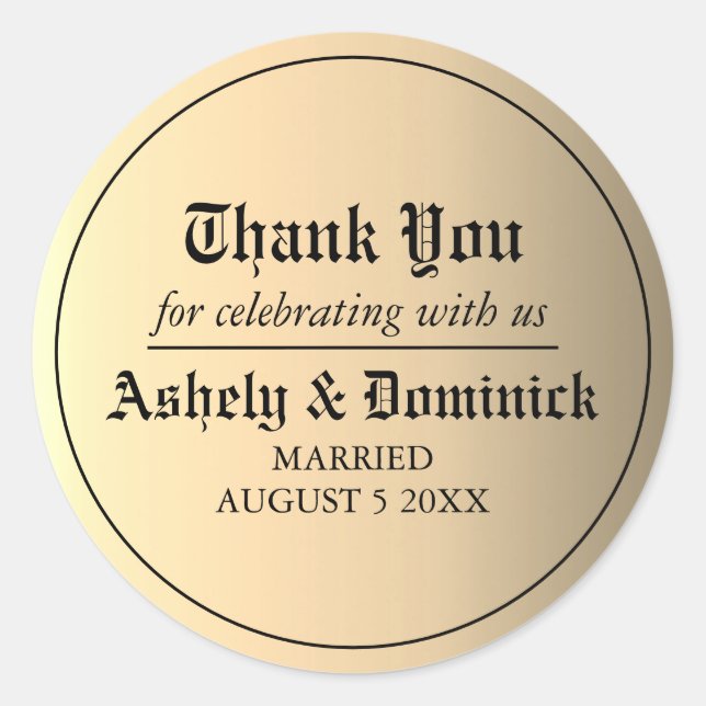 Elegant Old English Gold Thank You Wedding Favour  Classic Round Sticker (Front)