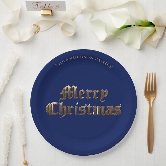 Elegant Old English Lettering Blue Merry Christmas Paper Plate (Wedding)