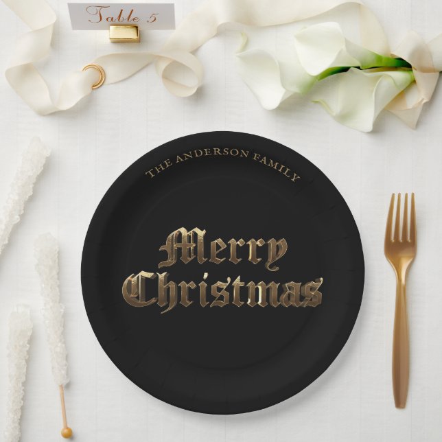 Elegant Old English Lettering Gold Merry Christmas Paper Plate (Wedding)