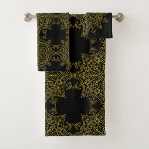 Elegant Old Gold Mandalas on Black Bath Towel Set