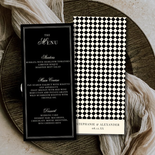 Elegant Old Money Black Ivory Checkered Wedding Menu (Creator Uploaded)