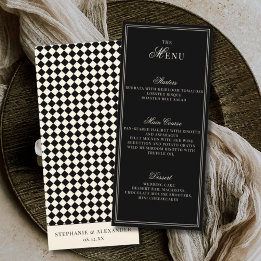 Elegant Old Money Black Ivory Chequered Wedding Menu