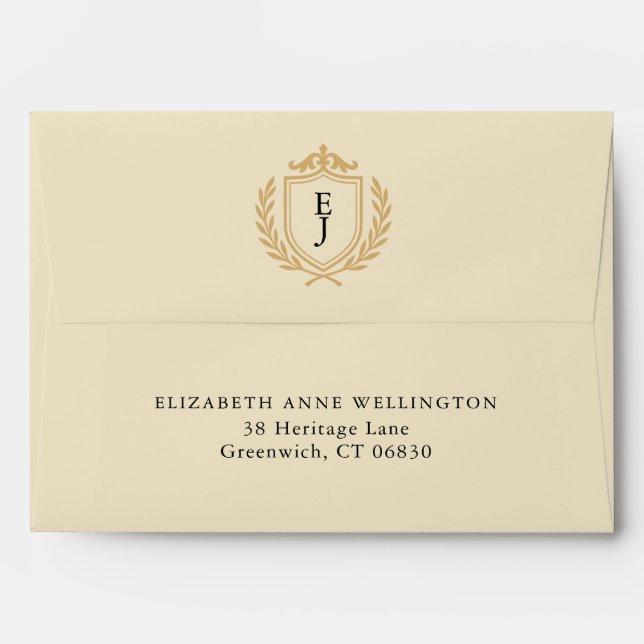 Elegant Old Money Crest - Ivory & Gold Wedding Envelope (Back (Top Flap))