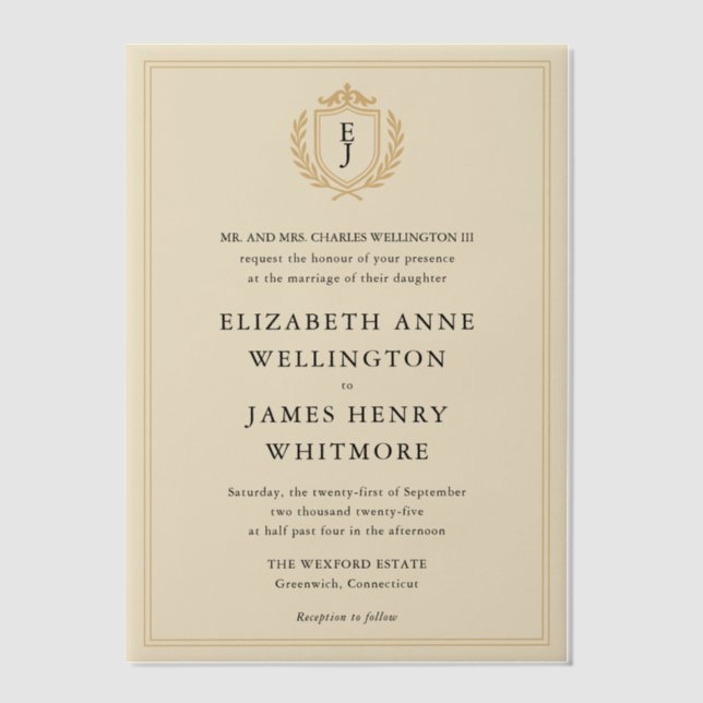 Elegant Old Money Crest - Ivory & Gold Wedding Vellum Invitations (Front)