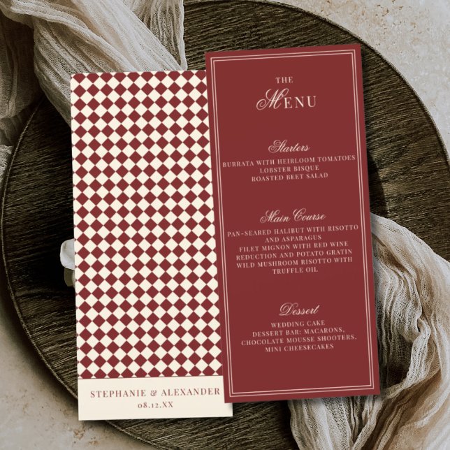 Elegant Old Money Deep Red Ivory Chequered Wedding Menu (Creator Uploaded)